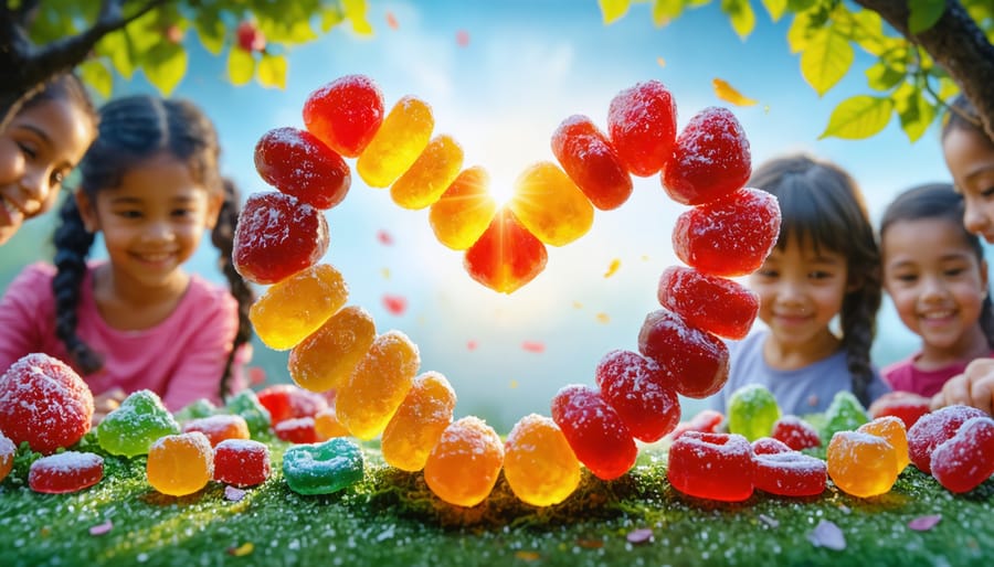 A heart-shaped arrangement of colorful freeze-dried candies, symbolizing the care and compassion of Sweet Dreams Charity Treats, with smiling children and community figures in the background representing community support and togetherness.