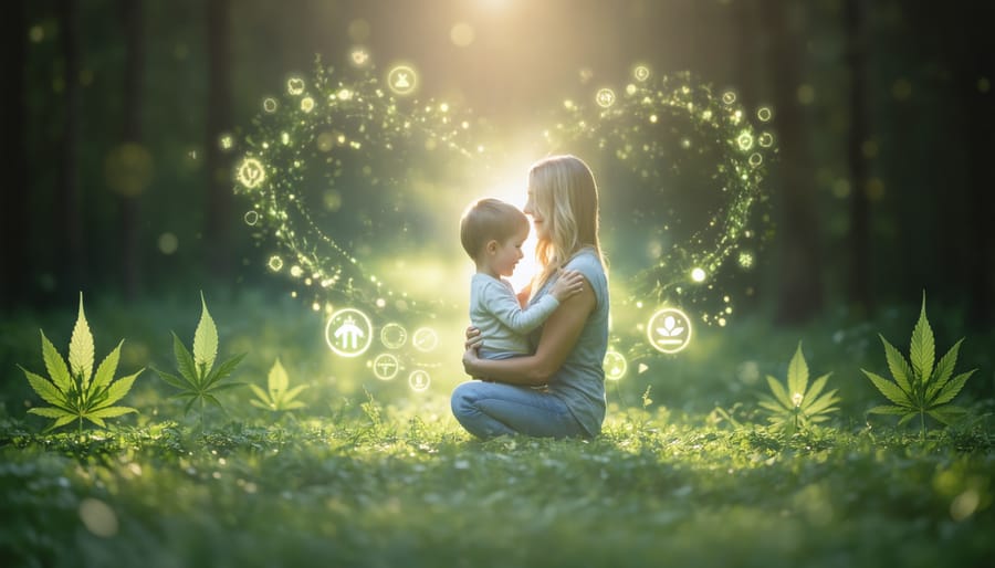 A child lovingly embraced by a parent amidst depictions of hemp plants and wellness symbols, conveying the gentle support of CBD oil for children's health.