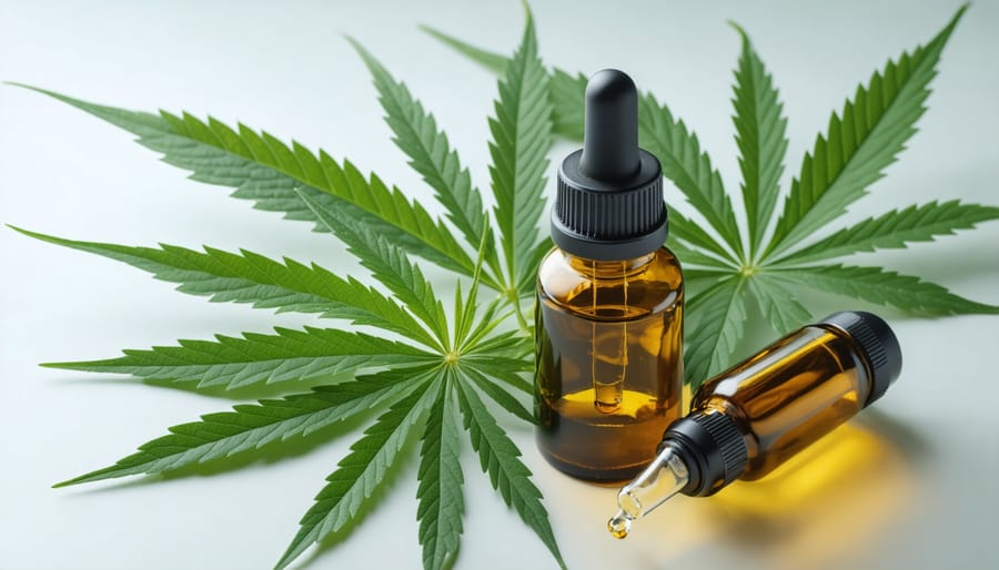 Medical-grade CBD oil bottles and droppers with hemp plant